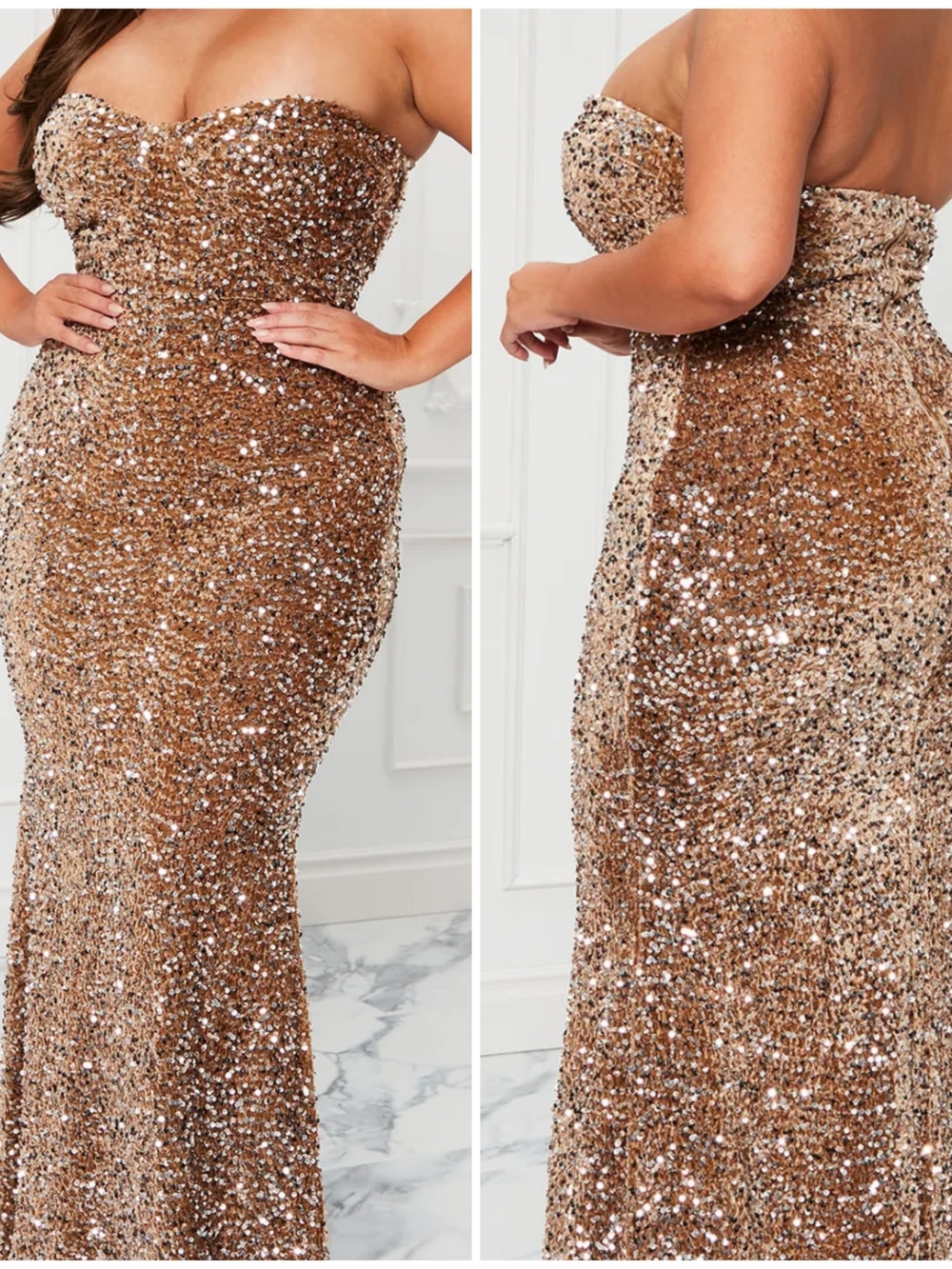 Fashion Nova Strapless Sequin Mermaid Gown - Gold
